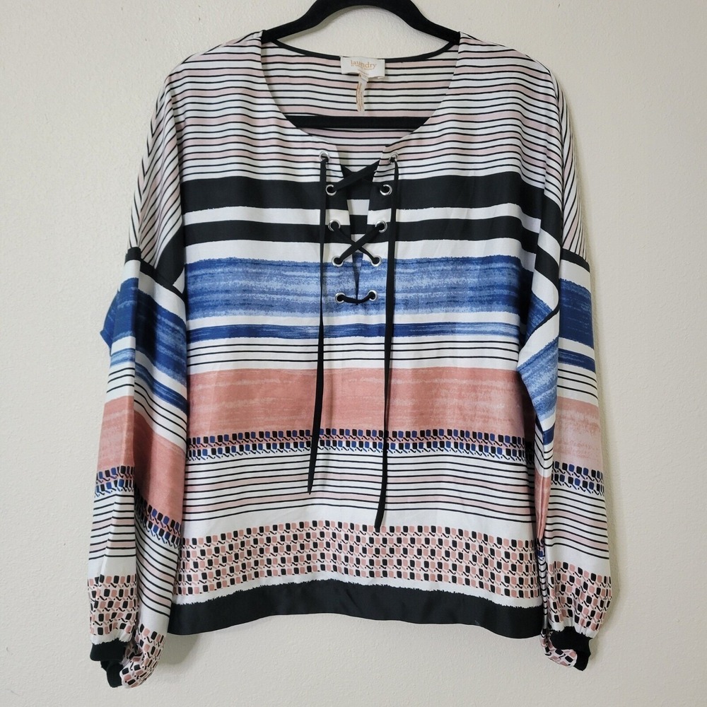 Laundry by Shelli Segal Striped Blouse Lace Up Long‎ Sleeve Size 12